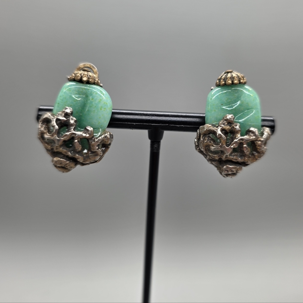 MARVELLA Vintage Faux Jade Clip On Earrings